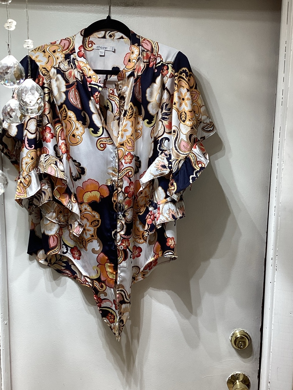 Chico's Navy, Cream and Gold Floral Ruffle-Sleeve Blouse